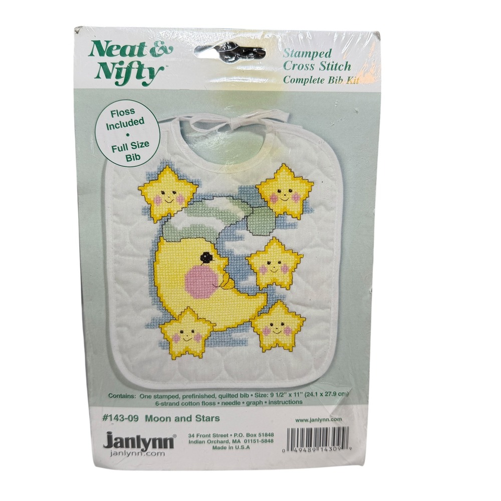 Janlynn Stamped Cross Stitch Complete Bib Kit Moon and Stars #143-09 New